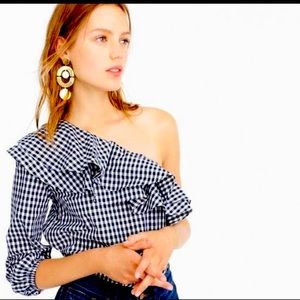 JCrew Gingham one shoulder ruffle top